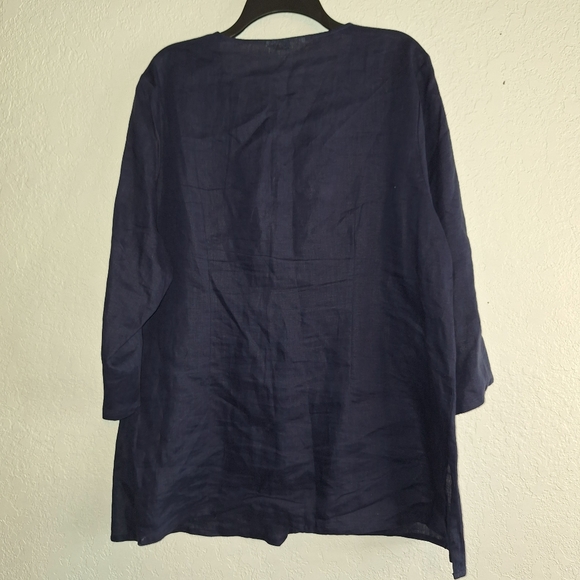 SUSAN BRISTOL Embroidered Neck Tunic Top Women's 1X Blue 100% Linen Minimalist - Picture 2 of 9